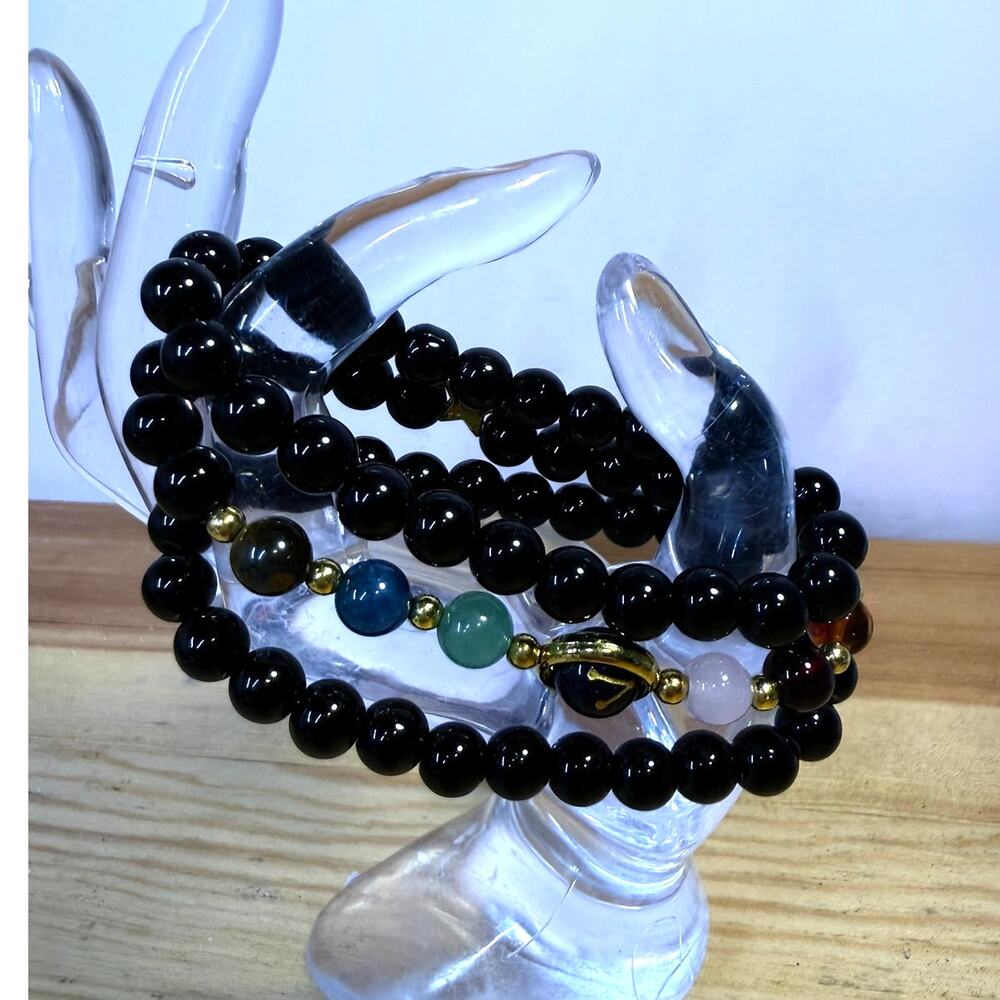 Black Beaded Stretch Bracelet Lot Multicolor Stone Gold Tone